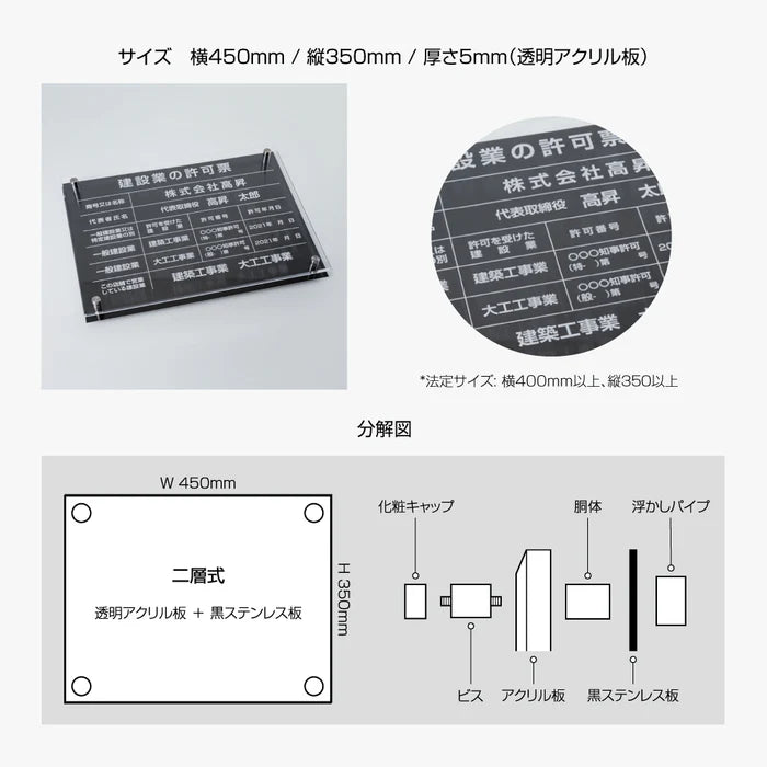 宅地建物取引業者票 黒ステンレス×アクリル二層式 W450×H350×5mm 法定看板 高級デザイン gs-pl-tr-t-black
