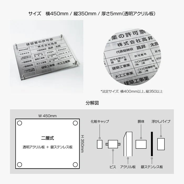 宅地建物取引業者票 銀ステンレス×アクリル板 W450×H350mm 法定看板 高級サイン gs-pl-tr-t-sil