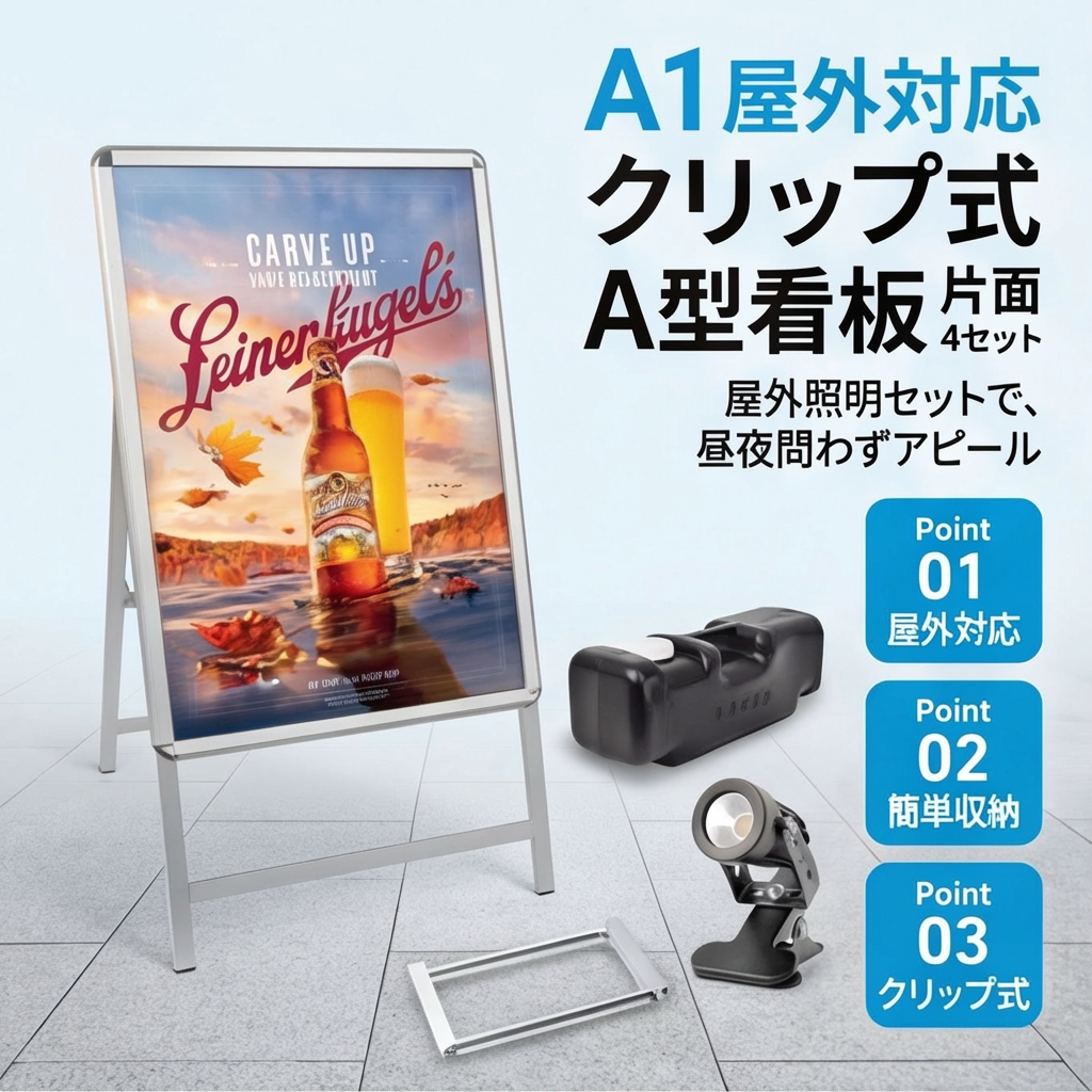 A型スタンド看板 A1 片面 屋外対応 防風 風対策セット 4点セット 3色展開 店舗用看板 シルバー ブラック 木目 4SET-JC-A1-S