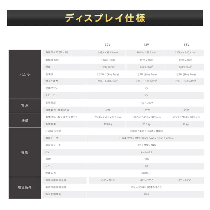 屋外対応 1500輝度 デジタルサイネージ 32インチ 43インチ 軽量 可動 電子看板 dsns-yd-a