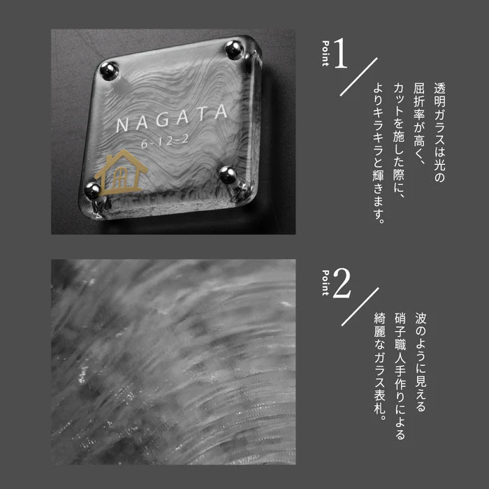 日本製 江戸硝子 ガラス 表札 会社 約W148mm×H148mm 表札 戸建て ガラス 懐かしい風合い 手作り 表札 世界に一つだけのガラス表札 gs-nmpl-1097