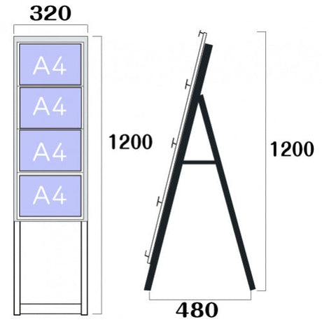 屋外対応アルミ製A型カードケーススタンド看板 ハイタイプ A4横4 片面 シルバー kdks-a4y4kh