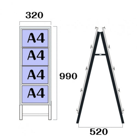屋外対応アルミ製A型カードケーススタンド看板 A4横8 両面 シルバー kdks-a4y8r