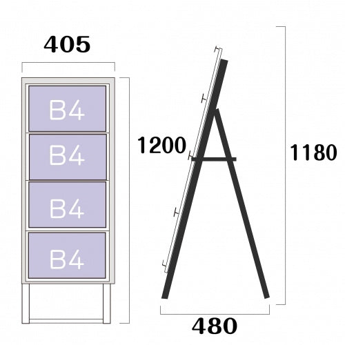 屋外対応アルミ製A型カードケーススタンド看板 B4横4 片面 シルバー kdks-b4y4k